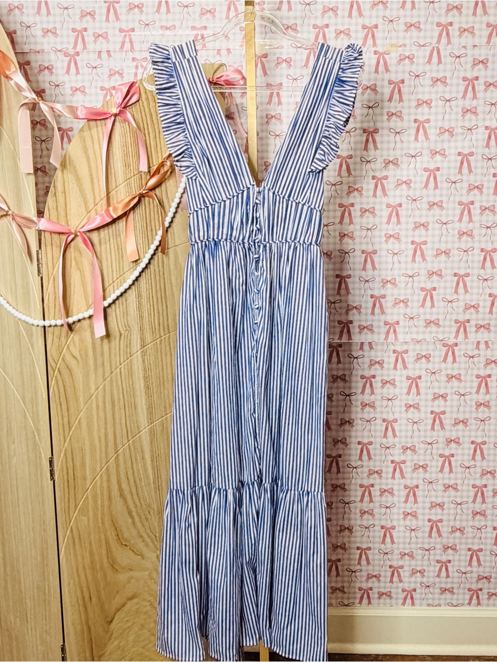 opt Tuckernuck Stella Midi Dress Pinstripe Blue White Coastal Classic Preppy M